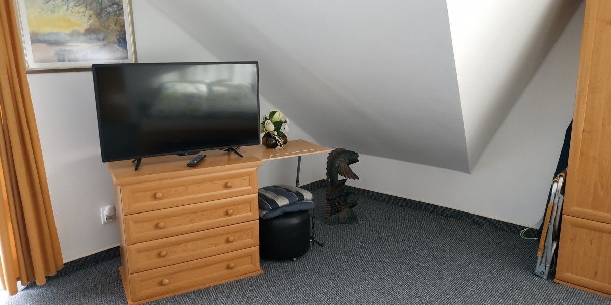 Telewizor i szafki w pokoju dwuosobowym
